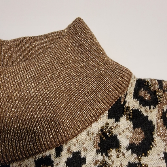 Lisa Originals Animal Print Gold Black Cream Beaded Knitted Blouse Top Sz L - Picture 14 of 14